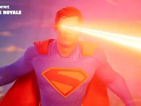 Fortnite’s Superman using laser vision, wearing blue suit with red and yellow emblem, in a vibrant pink-lit setting. "Fortnite Battle Royale" text visible.