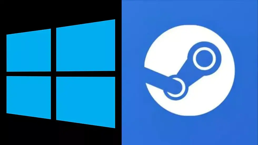 Windows logo on left, blue with panes on black, next to Steam logo on right, white on blue circle background.