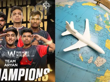 Team Aryan celebrates winning PUBG Mobile World Cup. Five players pose confidently in jerseys. A globe with a toy plane nearby.
