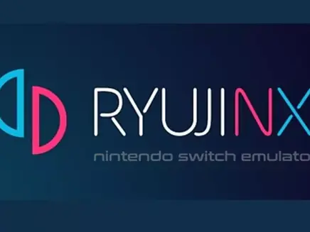 Logo for Ryujinx Nintendo Switch emulator. Features stylized CD icons in blue and pink with text on a dark blue background.