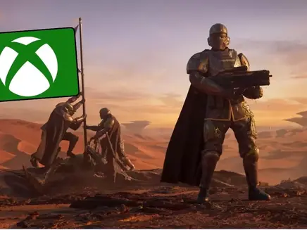 Armored soldiers from Helldivers 2 on a desert landscape raise a flag with an Xbox logo. One soldier stands with a weapon. Dramatic and futuristic scene.