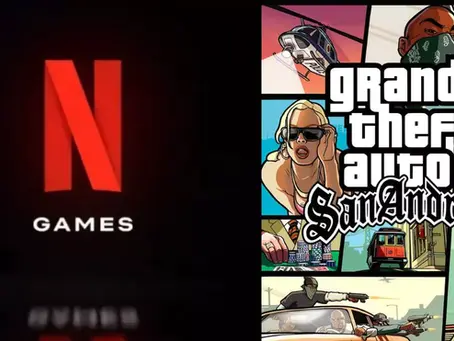 Netflix Games logo next to Grand Theft Auto: San Andreas cover art with characters, helicopter, and cars in vibrant colors.