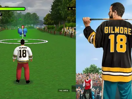 Man wearing a "Gilmore 18" jersey stands on a golf course. Simulation scene on the left, real-life style on the right, with a cheering crowd. its Happy Gilmore: Golf Mayhem '98 Demo Drops on Netflix Alongside Movie Sequel.
