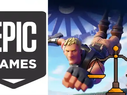 Epic Games logo next to a Fortnite character in mid-air, with a scale symbol overlay. Bright sky background suggesting action or gaming theme.