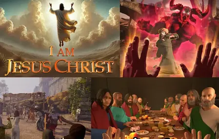 Video game collage: Jesus ascending among clouds, a figure confronting a demonic being, a medieval crowd, and a Last Supper scene. Text: "I Am Jesus Christ."