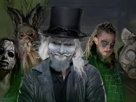 Four people from Wyatt sicks in eerie costumes: a man in a top hat, a cracked mask, a rabbit mask, and a gas mask, create a creepy atmosphere. Dark background. its in WWE 2K25 island mode.