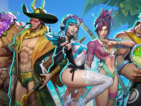 Marvel Rivals Five colorful, stylized characters stand on a beach. Each wears unique costumes and expressions, exuding a dynamic, tropical vibe.