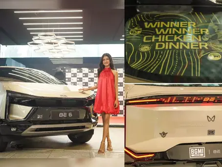Mia Joseph with the Mahindra BE 6 electric SUV after winning KRAFTON India’s first-ever in-game giveaway campaign.
