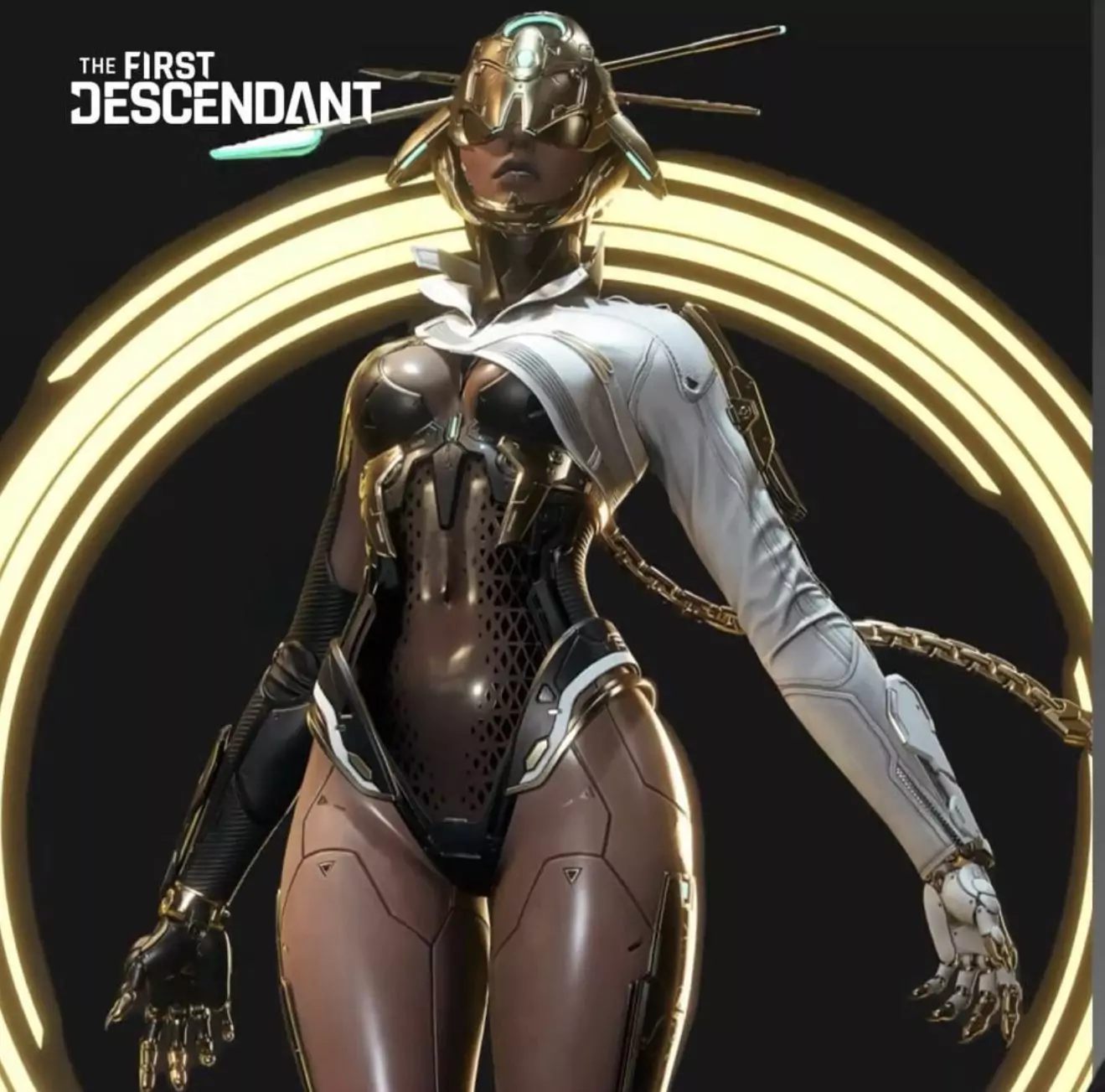 Futuristic armored figure with helmet and tech gear, standing confidently. Yellow circular lights in the background. Text: The First Descendant.