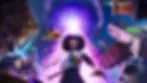 Heroic figure in yellow glasses stands amid swirling chaos of floating buildings, a taxi, and characters under a glowing purple vortex. from fortnite.