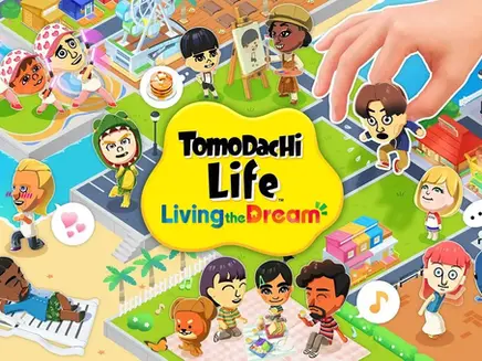 Cartoon characters in a colorful town setting, engaging in various activities. "Tomodachi Life: Living the Dream" text in the center.