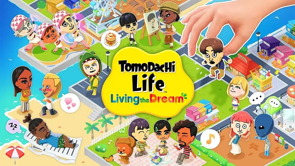 Cartoon characters in a colorful town setting, engaging in various activities. "Tomodachi Life: Living the Dream" text in the center.
