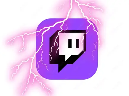 Purple Twitch logo with white lightning bolts against a white background, creating an energetic and dynamic effect.