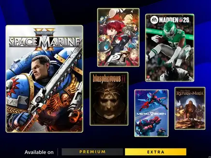 PS Plus Extra and Premium March 2026 Lineup include "Space Marine," "Persona 5 Royal," "Madden 26," and others.