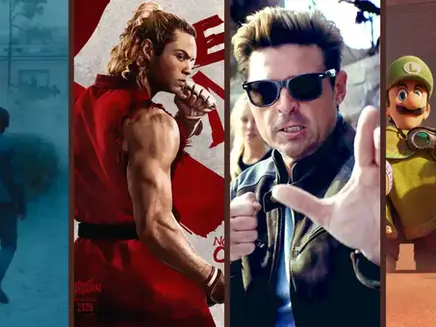 2026's video game adaptations include Return to Silent Hill, Mortal Kombat II, Street Fighter, and Super Mario Galaxy. Four frames showing characters from these movies.