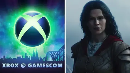 Split image: Xbox logo with XBOX @ GAMESCOM on neon backdrop, and a stern armored woman from game FABLE in a misty gray setting.