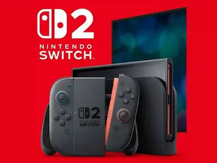 Nintendo Switch 2 on red background, featuring controllers and dock. Text reads "Nintendo Switch." Mood is energetic and tech-focused.