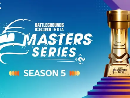 Battlegrounds Mobile India Masters Series Season 5 poster with a gold trophy on a blue-purple background and Nodwin Gaming logo