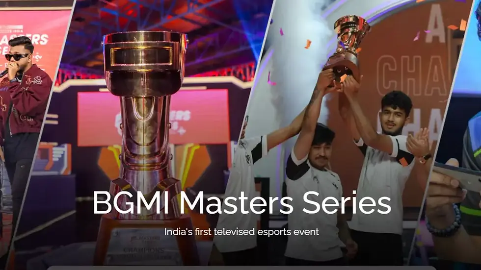 BGMI Masters Series: Trophy center, players celebrate with raised trophy. Vibrant stage lights and text: India's first televised esports event.