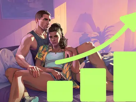 A couple jason and lucia from gta 6 video game, sits on a bed in a sunlit room. The woman holds a gun, both appear serious. A green upward graph overlays the scene.