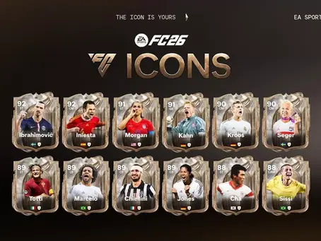EA Sports FC 26 Icons cards of 12 soccer players.