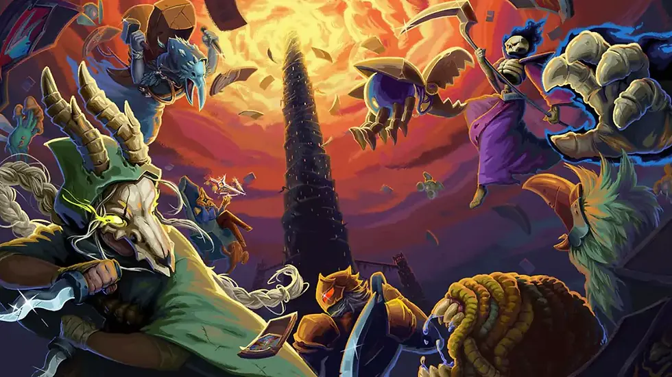 Fantasy characters engage in battle around a dark spire under a fiery sky. Bright, swirling colors create a sense of chaos and action. its from Slay the Spire 2.