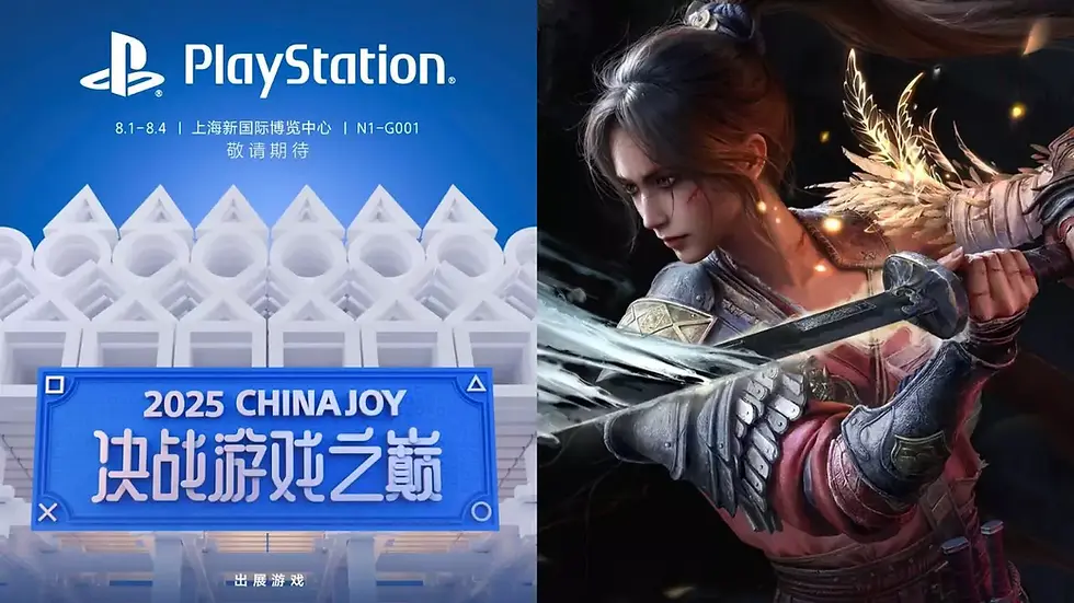 Split image: Left, PlayStation logo; text "2025 ChinaJoy." Right, warrior woman from WUCHANG: Fallen Feathers with a sword, intense focus, dark background.