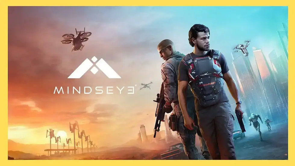 Two men with futuristic gear stand back-to-back, one holding a rifle. Drones and skyscrapers in the background. Text: "MIND'S EYE".