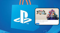 Blue PlayStation shopping bag background with an inset ad for MARVEL Tokon: Fighting Souls and a Buy Now button.