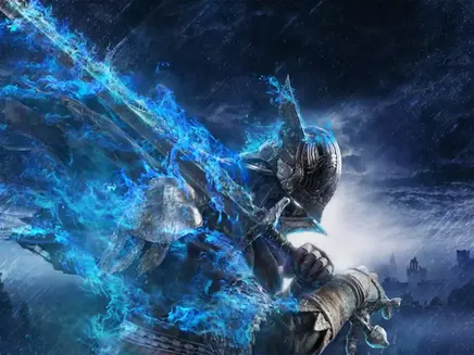 Elden Ring Nightreign Knight in silver armor wields a sword with blue flames in a stormy night sky, evoking a powerful, mystical mood.