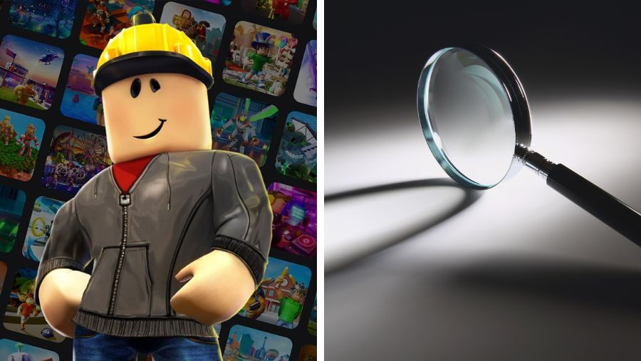 Split image: Roblox-style builder avatar before game thumbnails; magnifying glass on white surface, sleek studio lighting.