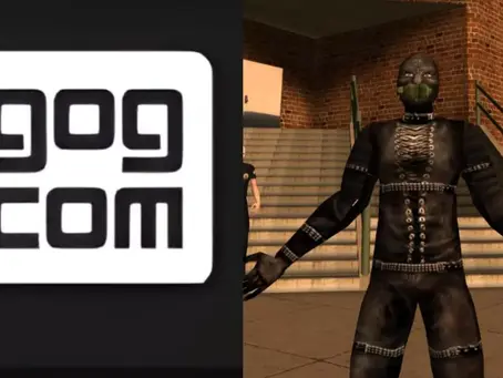 A masked character in black attire is from POSTAL 2 video game stands by stairs with a brick wall background. "gog com" logo is visible on the left.