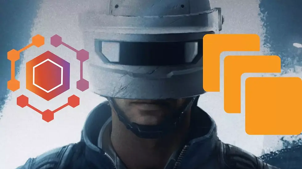 PUBG Character wearing a futuristic helmet, flanked by orange and purple hexagonal symbols. The mood is tech-focused, with a dark backdrop.