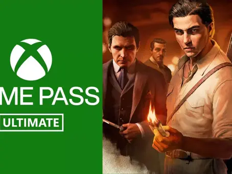 Mafia old country Video game characters lit by torchlight, with intense expressions. "Game Pass Ultimate" text on green background. Moody and mysterious.