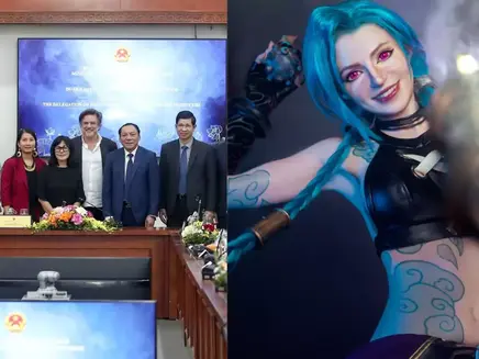 Headquarters of the Ministry of Culture, Sports and Tourism, Minister Nguyen Van Hung, with with the Hollywood Film Directors and Producers Delegation, which includes Ms. Rose Lam, Director of Global Production at Riot Studios, and Mr. Nicholas Simon, CEO and Producer at Indochina Productions (Left). Cosplay artist PeachMilky (Right).