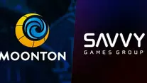 Logos of Moonton and Savvy Games Group on a split blue and dark background. Moonton's logo features a blue swirl on yellow.