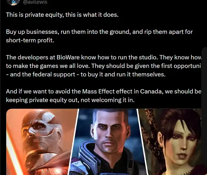 Screenshot of Avi Lewis tweet criticizing private equity, with BioWare game character images below on a black background.
