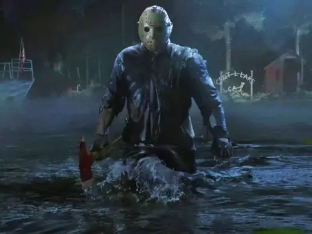 Masked figure with an axe wades through misty water at night. Boat, trees, and sign with "Lake Camp" in background create eerie mood. its from Friday the 13th Game.