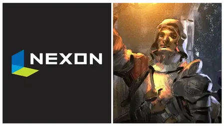 Nexon logo on the left. On the right, a knight in armor is lit by warm light, its from Dark and Darker.