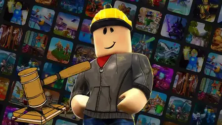 Cartoon character with yellow hard hat and black jacket smiles, holding gavel. Background shows colorful game images, creating a playful mood.