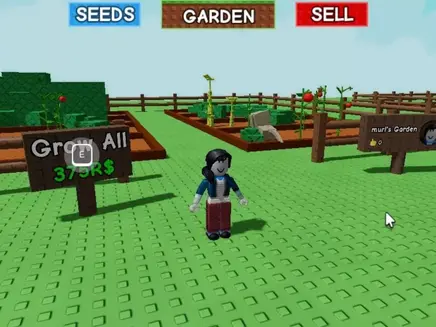LEGO-style figure in a garden setting with signs reading "Grow All 375R$" and "muri's Garden." Buttons show "SEEDS," "GARDEN," "SELL." its roblox game Grow a Garden.
