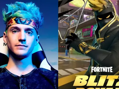 Ninja with blue hair and headband sits in a gaming chair. Next to him, a Fortnite character in black and gold. Text: "Blitz Royale."