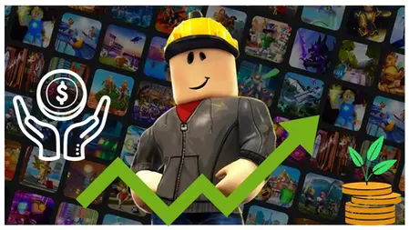 A character in a yellow hard hat and gray jacket smiles amid a grid of colorful game icons, with a rising green arrow and currency symbols.