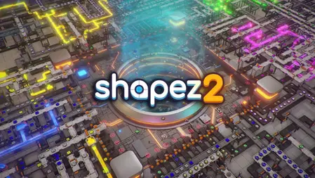 Futuristic circuit design with glowing paths in yellow, pink, blue, and green. A central vortex features the text "shapez 2".