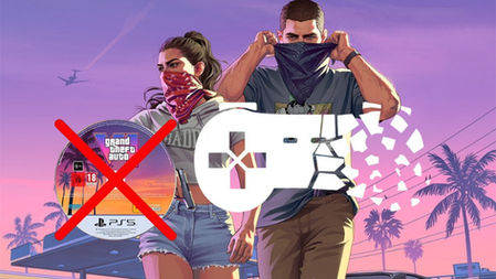 Two masked GTA 6 characters, Jason and Lucia, on a neon palm-lined street, with a crossed-out Grand Theft Auto PS5 disc and a broken Game Pass logo of Stop Killing Games.