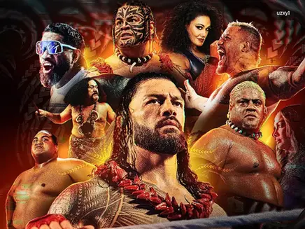 WWE 2K25 Collage of wrestlers in colorful attire, central figure wears a red necklace. Dynamic expressions, tribal patterns in the background.