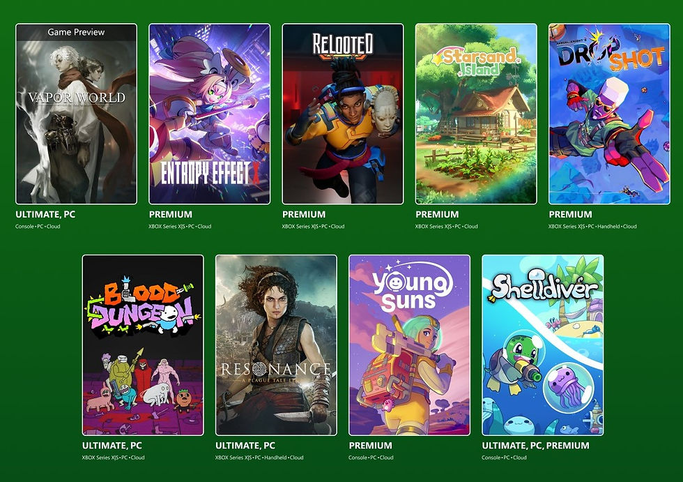 Xbox Game Pass grid of 9 colorful game cover art tiles on green background, with titles like Vapor World and Shelldiver.
