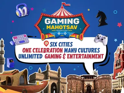 Gaming Mahotsav banner with gaming icons, city landmarks, and text: "One celebration, many cultures, unlimited gaming & entertainment" on blue background.