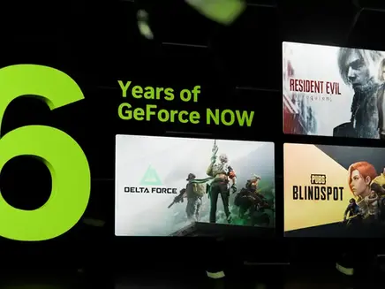 GeForce NOW celebrates 6 years with game images: Resident Evil, Delta Force, PUBG Blindspot. Bold green "6" on black background.
