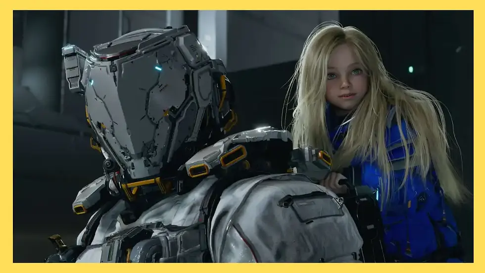 Pragmata character Hugh in robot armor and DIANA, a blonde AI girl in a blue jacket stand together. The setting is a futuristic interior. The mood is thoughtful.